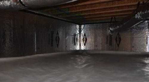 Right--A heavy polyethylene sheet covers the floor of this crawlspace providing a capillary break and vapor barrier to keep soil gases out of the house.