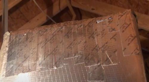 Clean the dust off the duct board where the tape will be applied. Apply a robust amount of Foil-Scrim-Kraft (FSK) duct tape.