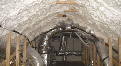 Right - The underside of the attic roof deck is insulated with open-cell spray foam to provide an insulated space for HVAC equipment.