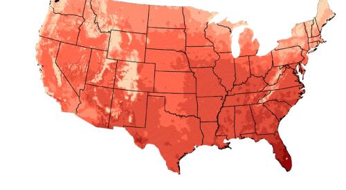 The number of days per year that the temperature exceeds 90°F is expected to increase throughout the contiguous U.S. when comparing mid-century (2036-2065) to near-present (1976-2005)