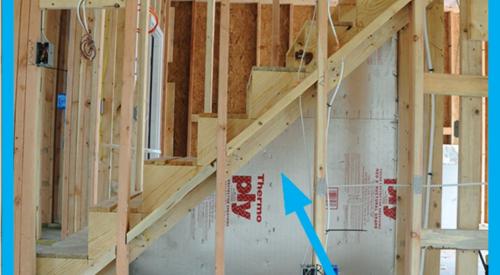 Right – Air barrier installed under staircase (picture taken from house looking into attached garage)