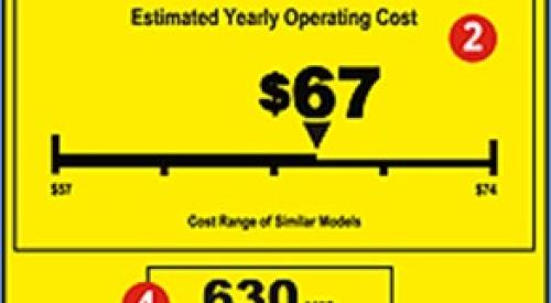 The EnergyGuide label for this refrigerator shows that it is estimated to use 630 kWh/yr (approximately 1.7 kWh per day) based on a standard test procedure