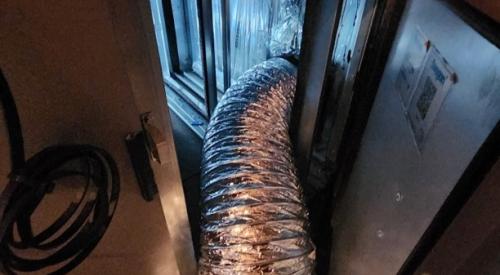 Right – Flex duct is used to connect the duct tester to the largest part of the ductwork where the ducts meet the ERV Cabinet; this helps ensure uniform pressure distribution during a duct leakage test 