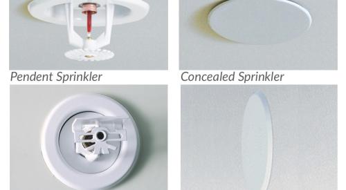 Four types of residential fire sprinkler heads: pendent, concealed, sidewall, and concealed sidewall. 