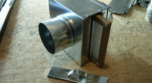 This fresh air intake filter box provides for access to a replaceable filter for air intake duct with a 6-inch collar. 