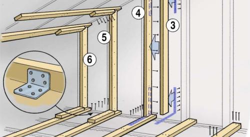 Right - Installation steps for the L-bent strap method of bracing a gable end wall