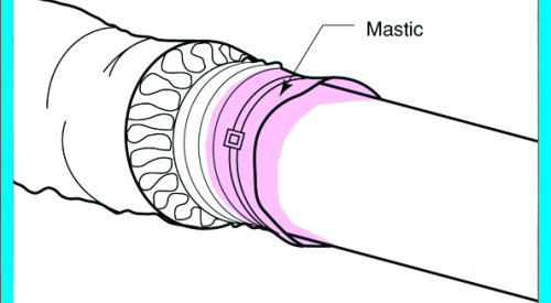 Right – Flex duct is properly connected to metal duct with a duct tie and connection is mastic sealed 