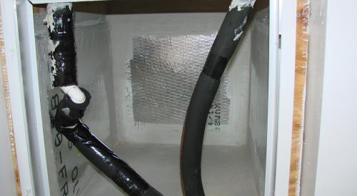 Right: Use mastic to air seal the return air plenum and to seal around refrigerant lines coming from the slab in the floor of the return