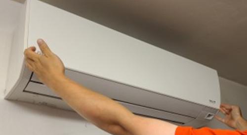 Most ductless heat pumps have a hinged front panel that lifts out and up for access to the air filters