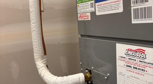The inside refrigerant line leading from the air conditioner or heat pump to the wall should be covered with pipe insulation and a vapor barrier to reduce condensation potential and improve system efficiency.