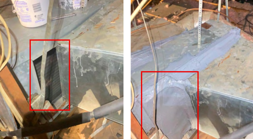 The hole in the air handler box, on left, was covered with a piece of 30-gauge sheet metal that was cut to size and sealed in place with screws and mastic.