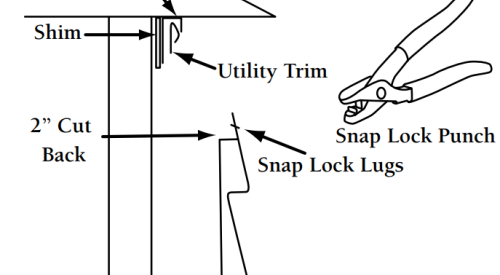 The final or top course of vinyl siding is trimmed if needed and attached to the wall with shimmed utility trim.