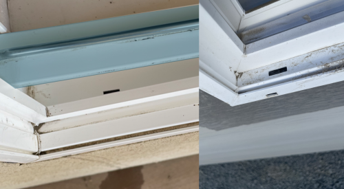 Interior weep holes may be located beneath the window track (left), or they may be visible as a part of the window frame (right)