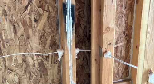 All wood-to-wood joints and wiring holes have been sealed in this exterior wall