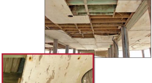 The plywood panels on the underside of this house blew away in hurricane wind speeds of 105 to 115 mph due to corrosion of existing nails, excessive space between nails, and use of nails instead of screws. 
