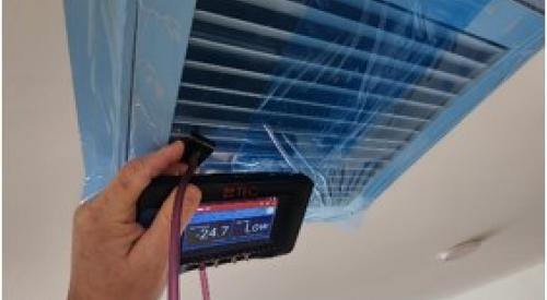 Duct pressure is checked at terminal registers to ensure there is even pressure distribution in a duct system during a duct leakage test