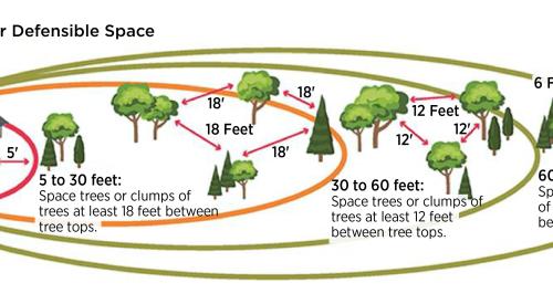 Recommended tree spacing for wildfire resistance within the three defensible space zones (Source: Preparing Homes for Wildfire