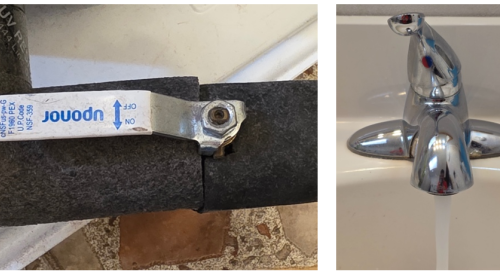 When filling a water heater tank, open the cold water valve (on left) to begin filling the tank and turn on one or two faucets for hot water (right), allowing air to escape from the tank.