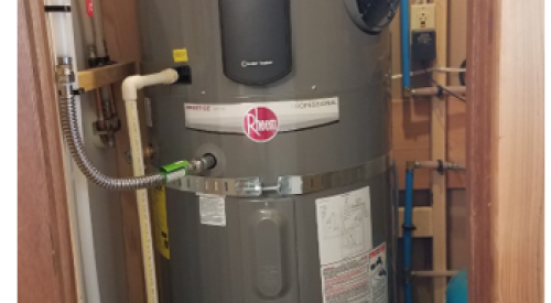 Right: This heat pump water heater is in a basement within the thermal boundary but not actively conditioned. It has over 770 ft² of space with easy access to the control panel and clearance for airflow to the air intake (top) and exhaust (side)