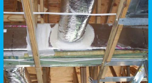 Right: Ductwork is installed in direct contact with lower truss cords. In this picture the main trunk is laying on the truss cords and branch ducts are temporarily held with strapping across truss cords. Ducts are well sealed with mastic