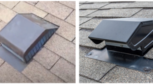 Left - example of a roof vent installed in a manner that doesn’t require any roof sealant to remain waterproof; right - example of a roof vent installed in a manner that requires inspecting and maintaining of the sealant to remain waterproof