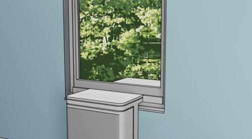 This depiction of a saddle installed window heat pump does not obstruct window use and provides fairly quiet 120 Volt operation