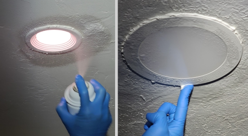 After spraying on foaming glass cleaner, smooth the caulk with a gloved finger to get a neat, even finish 