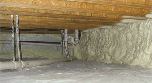 Right - Spray foam insulates and air-seals the stone walls of this unvented crawlspace.
