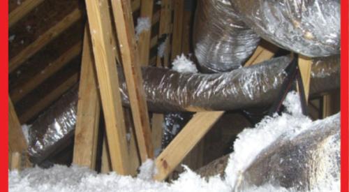 Wrong: Ducts are not laid across the lower truss cords or ceiling, but are hung from the rafters by straps. As a result, ductwork is not buried