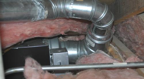 Wrong – The position of this exhaust fan does not allow the duct to route directly outside in as straight a path as possible.