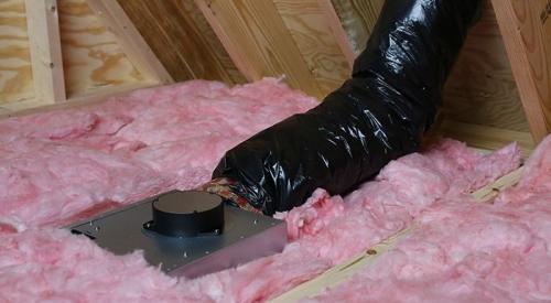 The duct for this exhaust fan is properly routed through the roof and the duct is insulated