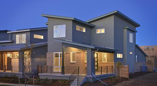 The varied roof pitches offer multiple options for solar panel placement regardless of home orientation for these production homes in Colorado.