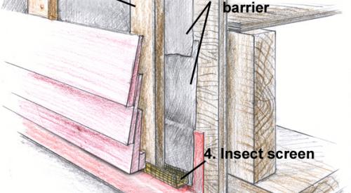 Furring strips provide drainage gap behind lap siding; screen is added at bottom and top to prevent entry of insects and wildfire embers