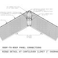 Connection of two SIP roof panels with beveled edges at roof ridge  with support for roof cantilever overhang