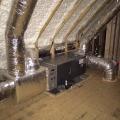 Right - Open-cell polyurethane spray foam to R-28 on underside of roof turns new attic into conditioned space for HVAC. 