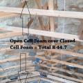 Right – Open-cell spray foam is installed over closed-cell spray foam in this hybrid approach to achieve adequate attic ventilation while allowing some vapor permeability.