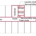 This plan view shows compartmentalization of one floor of a multistory multifamily building; red lines are air barriers around vertical shafts and common areas; grey lines are air barriers between units; vestibules isolate elevators from corridors 