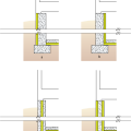 Right - Potential locations for basement insulation in new construction, slab insulation should always be underneath, with walls insulated (a) inside, (b) outside, (c) sandwiched inside, or (d) inside and outside of walls.