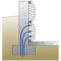 Moisture can migrate from below the foundation to the basement wall and insulation cavity in a conventional blanket insulation installation