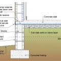 Raised-slab CMU foundation including flood-resistant features: sloped grade, damp proofed stem wall, capillary break under the slab (gravel or sand), vapor barrier under the slab and capillary break at the top of the foundation wall (polyethylene sheet)