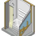 Cement board (shown in dark grey) is installed behind an installed tub and shower surround.