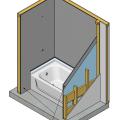 Cement board (shown in dark grey) is installed behind a tub.