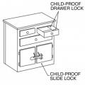 Child-proof slide locks can be used on drawers and cabinets to prevent their accidental, unintended use. 