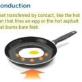 Conduction is heat transferred by contact, like the hot pan that fries an egg or the hot asphalt that burns bare feet.