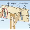 Connection of floor framing to support beam for a coastal home built on piles (band joist nailing to the floor joist is adequate to resist uplift forces)