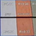 Side by side comparisons of standard roofing colors (top row) and cool colors (bottom row) shows that solar reflectance (R) can be reduced significantly using special coatings with almost no change to the color