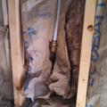 Wrong - Craft faced batt insulation is compressed behind PEX pipe instead of being sliced to fit around it.