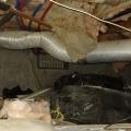 Wrong – This metal duct is crushed, is sealed with duct tape instead of mastic or UL-181 metal tape, and is not correctly supported.