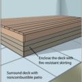 Right – To make decks more resistant to fires, enclose the bottom of the deck with a non-flammable skirt, and surround the deck with a non-flammable surface like pavers.