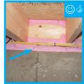Right – The sill plate was sprayed with foam prior to installation atop foundation.